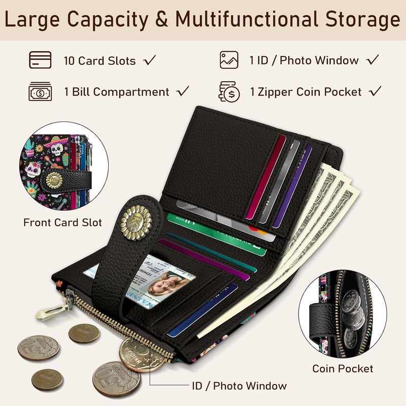 Kelvoris Skull Small Rfid Women Wallet Bifold Zipper Coin Pocket PU Leather Compact Cash Credit Card Holder Travel Wallet for Female Ladies Teen Girls 1 ID Window 10 Card Slots Day of The Dead - Image 4
